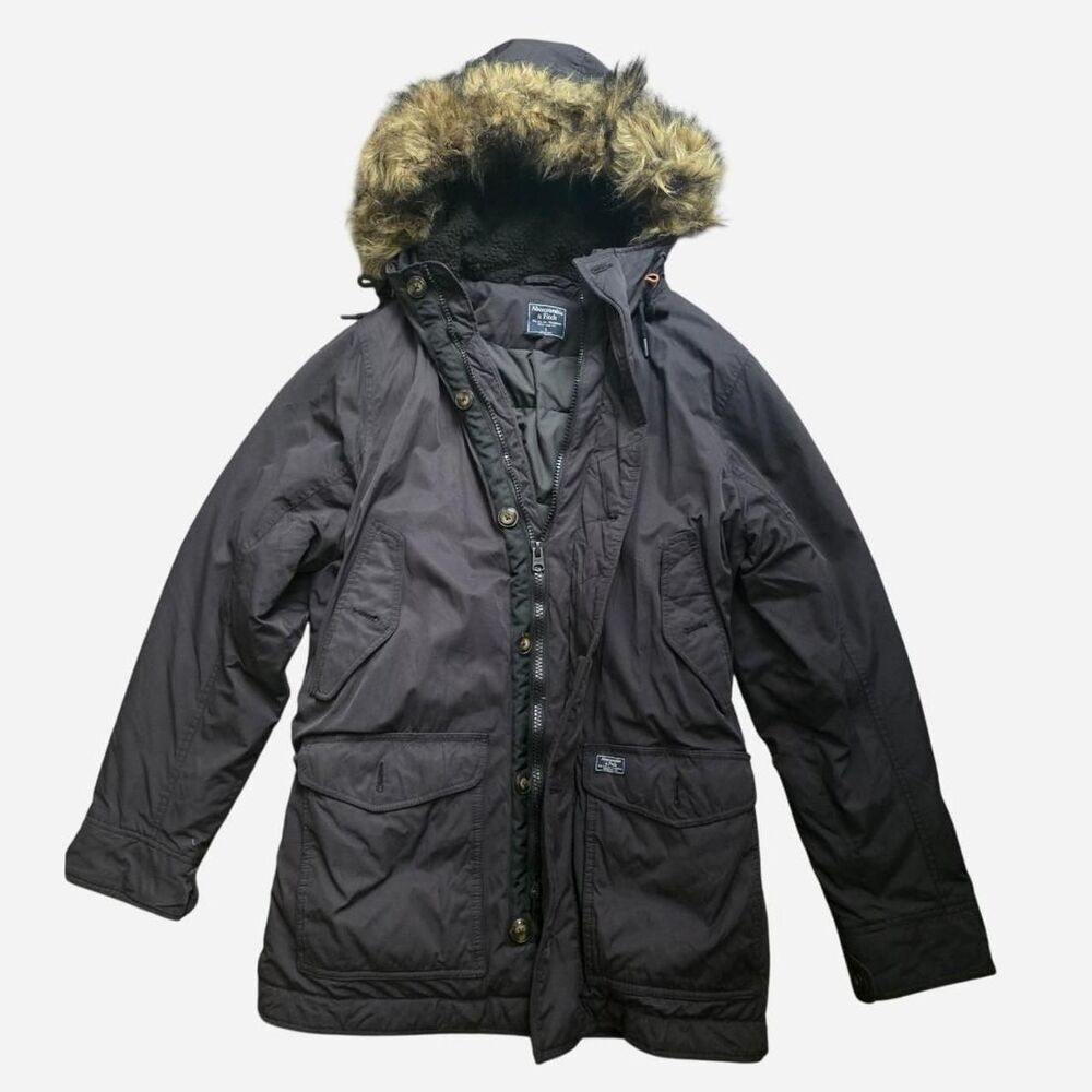 Abercrombie & Fitch black parka with fur hood Size Large - Picture 1 of 8